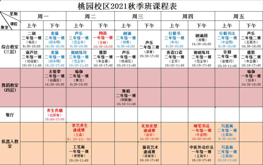 桃园校区2021年秋季班课程表