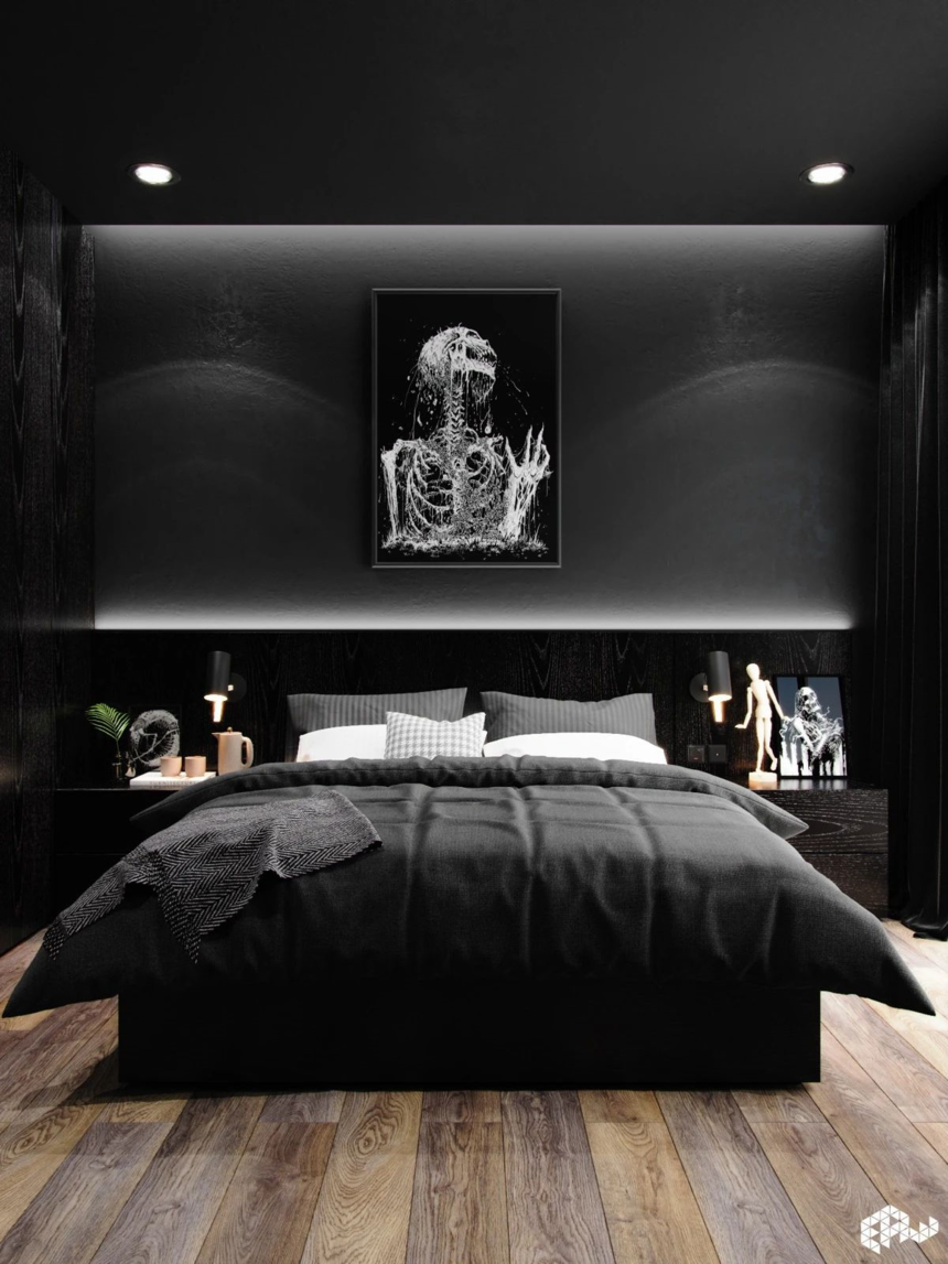 哥特式艺术让这个卧室看起来更加黑暗.
