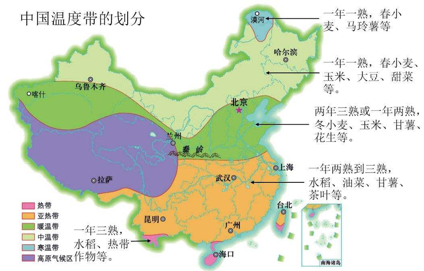 中国温度带与耕作制度分布图