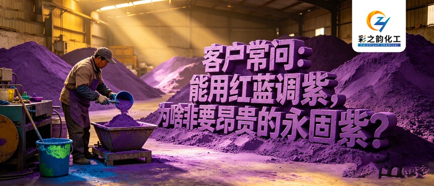 jimeng-2026-06-10-3806-倉庫裏麵堆滿紫色顏料色粉，左邊工人正在用藍色和綠色調成紫色，右邊中間位置放著一組...jpg