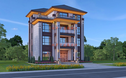 面宽128x进深124米四层新中式农村别墅设计