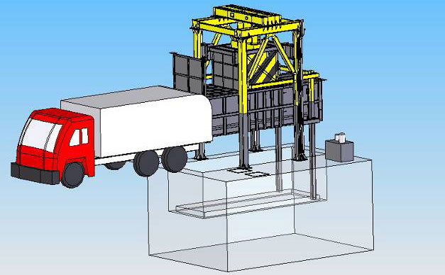 对接垃圾车,垂直垃圾压缩机利用推杆装置将垃圾块推进车厢内 对接垃圾车,垂直垃圾压缩机利用推杆装置将垃圾块推进车厢内