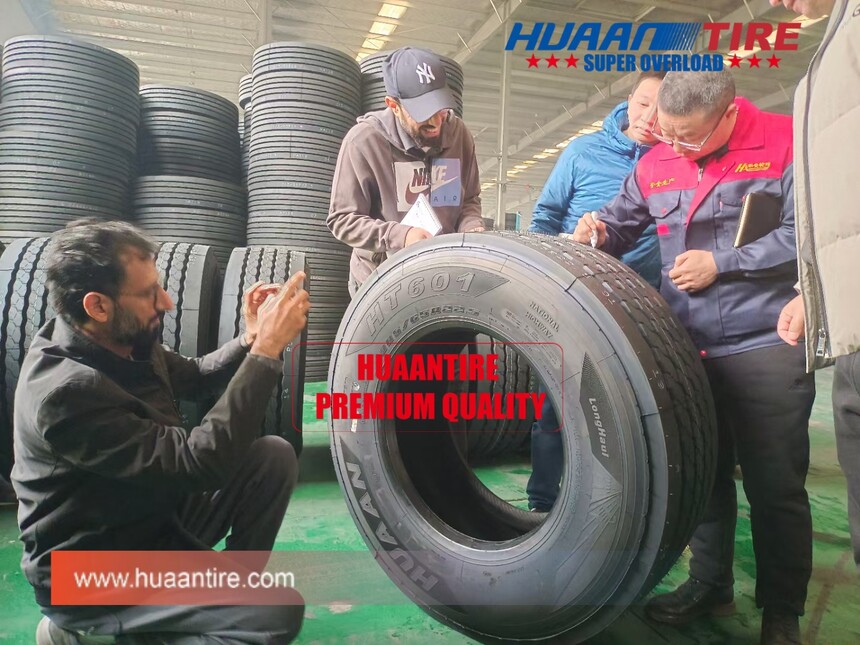 Customers is checking Huaan tire 385/65R22.5 24PR HT601