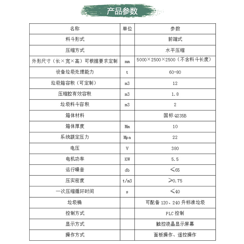 整体式垃圾压缩站 技术参数 整体式垃圾压缩站 技术参数