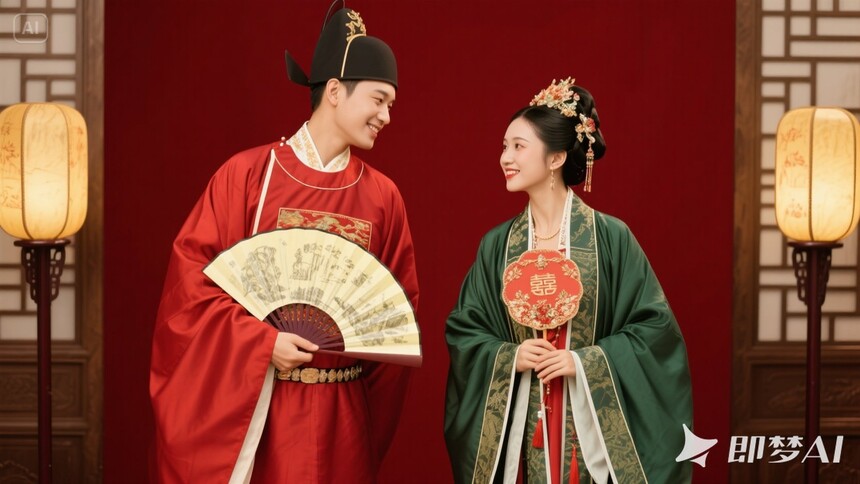 jimeng-2025-04-30-766-生成新人著紅男綠女婚服卻扇的場景的圖片 橫屏.jpeg