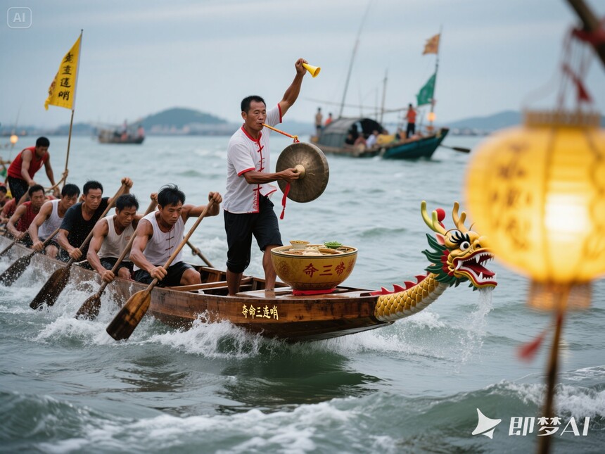jimeng-2025-05-08-1004-非遺絕活：聽鑼手“奪命三連哨”指揮急轉，看劃手用戽水動作對抗風浪！（冷知識：這種木質漁艇曾是疍家人的海上飯碗，現成非遺頂流！）龍舟.jpeg