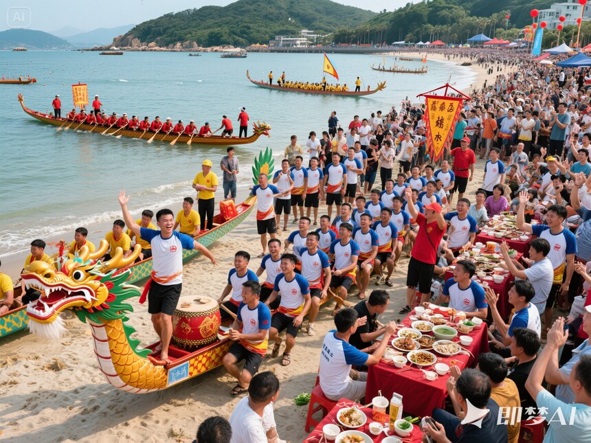 jimeng-2025-05-08-1005-淇澳島祈福巡游、龍舟飯宴、咸水歌對唱…傳統民俗一站式體驗！🎏 粵港澳大灣區龍舟隊同場PK，感受大灣區文化的熱血聯動.jpeg