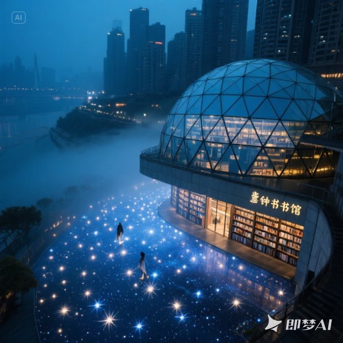 1748909626690343.jpeg jimeng-2025-06-03-467-根据以下文字生成对应符合的图片:重庆朝天门的钟书阁书店最近在抖音炸了。航拍镜头下,那座由数百块菱形玻璃拼接的穹顶,在晨雾中宛如悬浮的空中楼阁。但真正让网友疯....jpeg