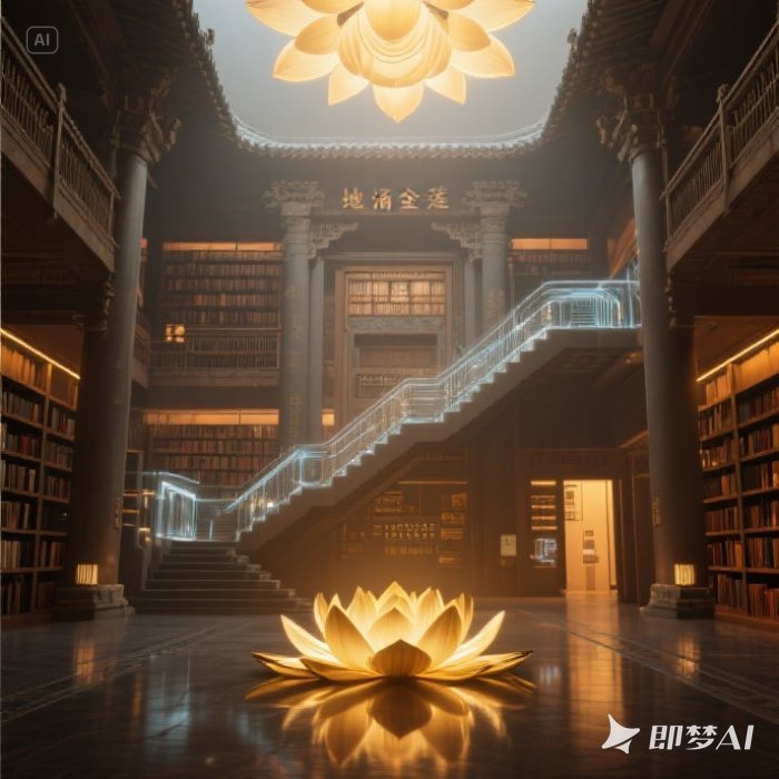 1748909681672356.jpeg jimeng-2025-06-03-468-根据以下文字生成对应符合的图片这场景让建筑系教授王澍想起《营造法式》里记载的_地涌金莲_机关。北宋的藏书楼会用特殊砖石铺设地面,当有人携烛火夜读时,反光效果....jpeg
