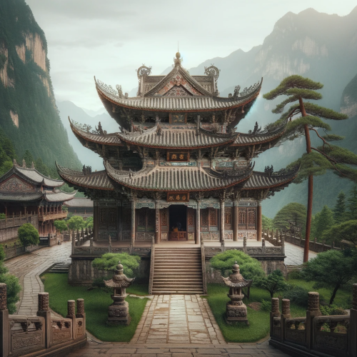 DALLE 2023-12-26 09.57.49 - An ancient Taoist temple in China, with traditional architecture featuring curved roofs adorned with ornate tiles, flying eaves, and intricate wood ca_.png