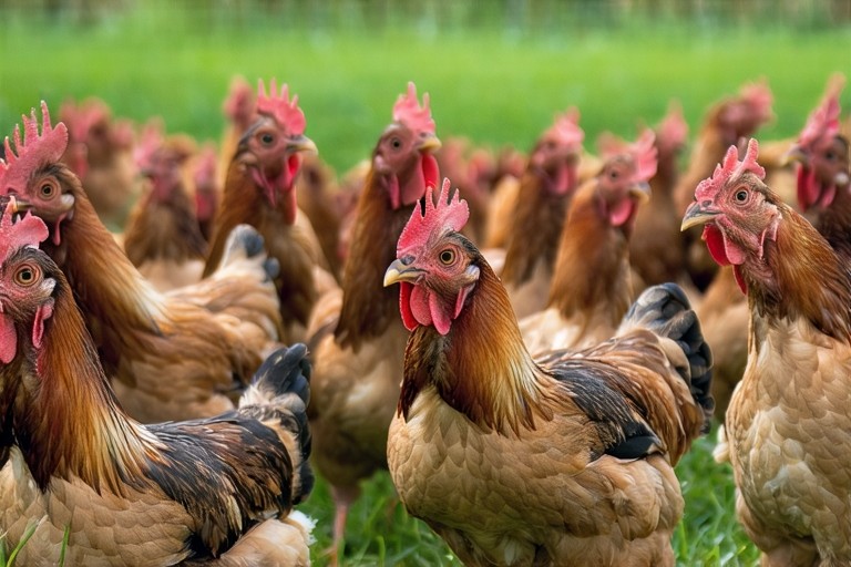Healthy poultry flock benefiting from optimal nutrition and acidifiers