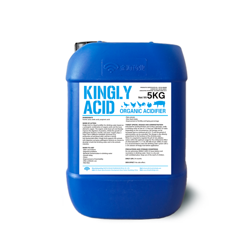 A blue bottle of poultry acidifier Kingly Acid.png