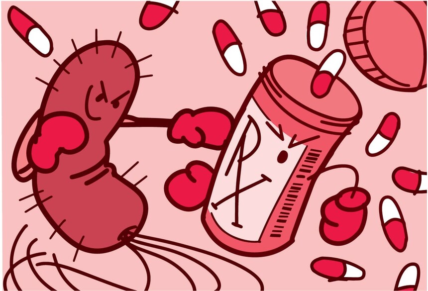 A cartoon illustration of a superbug vs antibiotics, showing a tough bacterium with boxing gloves fighting a pill bottle to represent antibiotic resistance