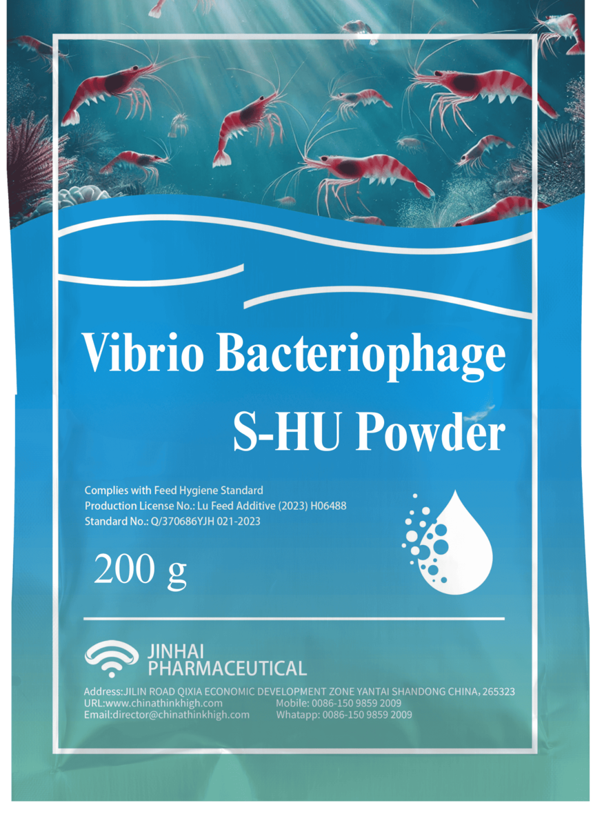 A blue package of vibrio phage powder produced by Yantai Jinhai Pharmaceutical
