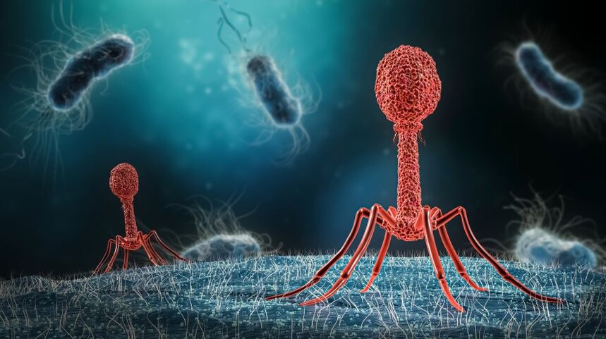 A 3D illustration of bacteriophages (red) targeting bacteria, demonstrating the microscopic process of phage therapy