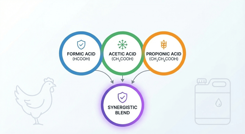 Diagram illustrating the combination of Formic, Acetic, and Propionic acids into a Synergistic Blend for poultry Diagram illustrating the combination of Formic, Acetic, and Propionic acids into a Synergistic Blend for poultry