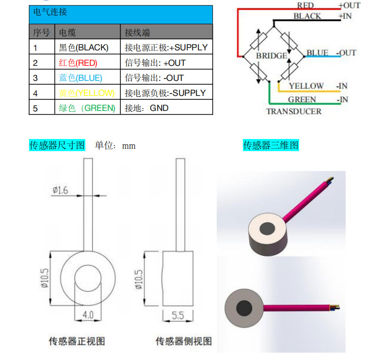 微型動態土壓力傳感器ESP-Ⅱ電氣連接 微型動態土壓力傳感器ESP-Ⅱ電氣連接