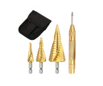 3Pcs Metric Hex Shank Spiral Flute Titanium HSS Step Drill Bit Set with Automatic Punch in Nylon Bag