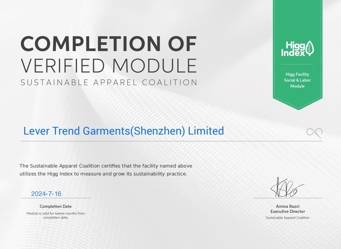 Higg SLCP-FSLM Certificate for Lever Trend