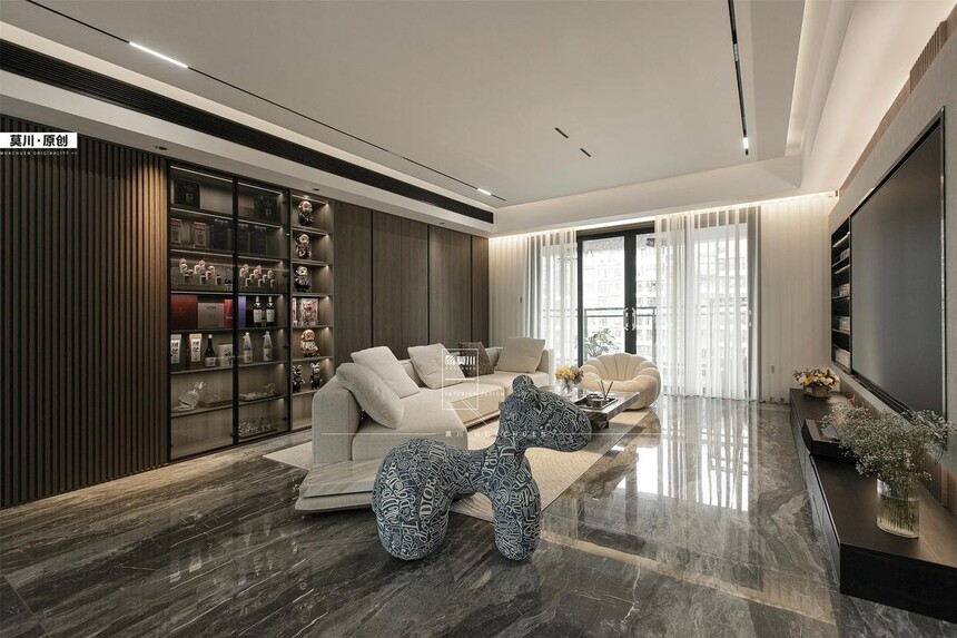 亮面精雕连纹通体大理石在营造大平层空间延伸感方面有何独到之处?_茶几大理石面_明式功夫茶桌大理石面图片