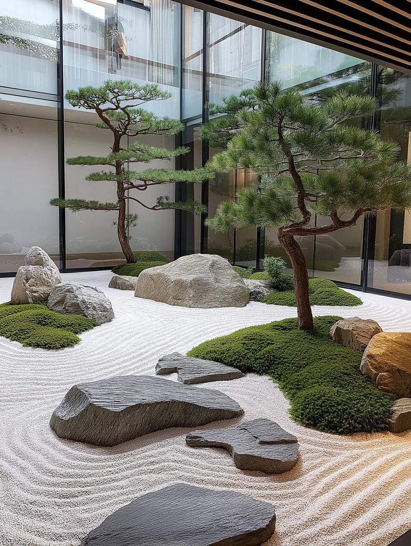 枯山水禅意图片_素色质感砖在打造现代禅意空间时如何与枯山水等元素进行意境融合_现代禅意装修风格图片