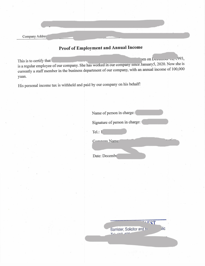 国内开具的工作及收入证明中译英翻译 加拿大律师公证